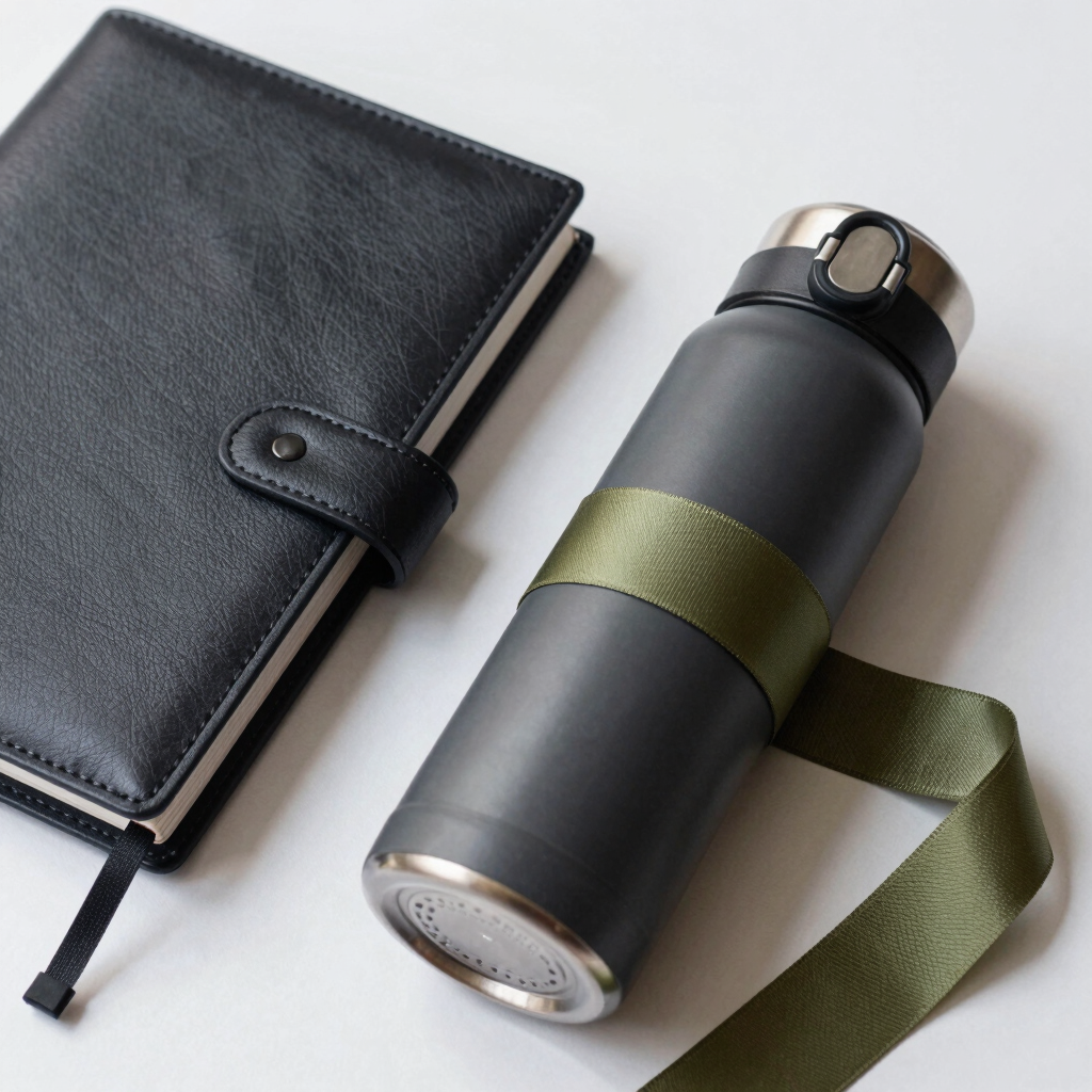 Sophisticated corporate end-of-year gifts displayed elegantly. A leather desk planner and a sleek matte thermos bottle wrapped with a minimalist olive green ribbon. Natural soft lighting, luxury editorial style.