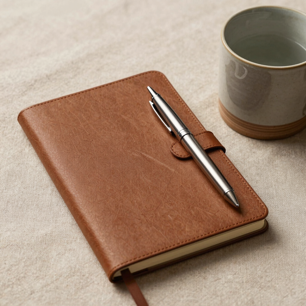 A high-end curated welcome kit for onboarding, featuring a premium notebook, a refined metal pen, and an artisanal ceramic mug in earthy tones, beautifully arranged on a beige linen surface. Editorial photography.