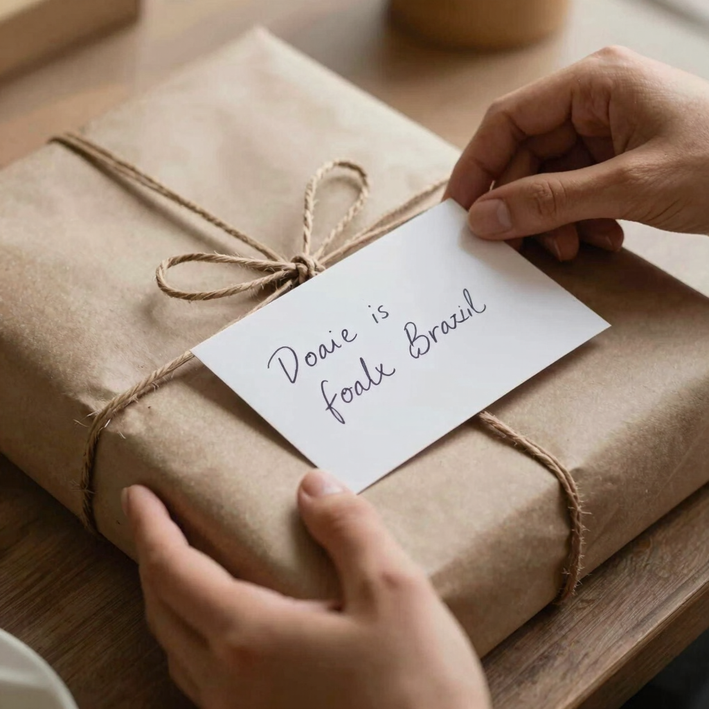 An elegant, editorial close-up of hands packaging a customized gift in Brazil. Silk paper, craft details, and a handwritten card add a deeply personalized, authentic touch. Warm lighting, premium craft atmosphere.